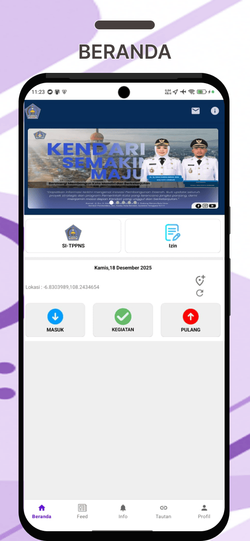 Menu utama aplikasi absensi: tombol Masuk, Kegiatan, dan Pulang dengan koordinat GPS